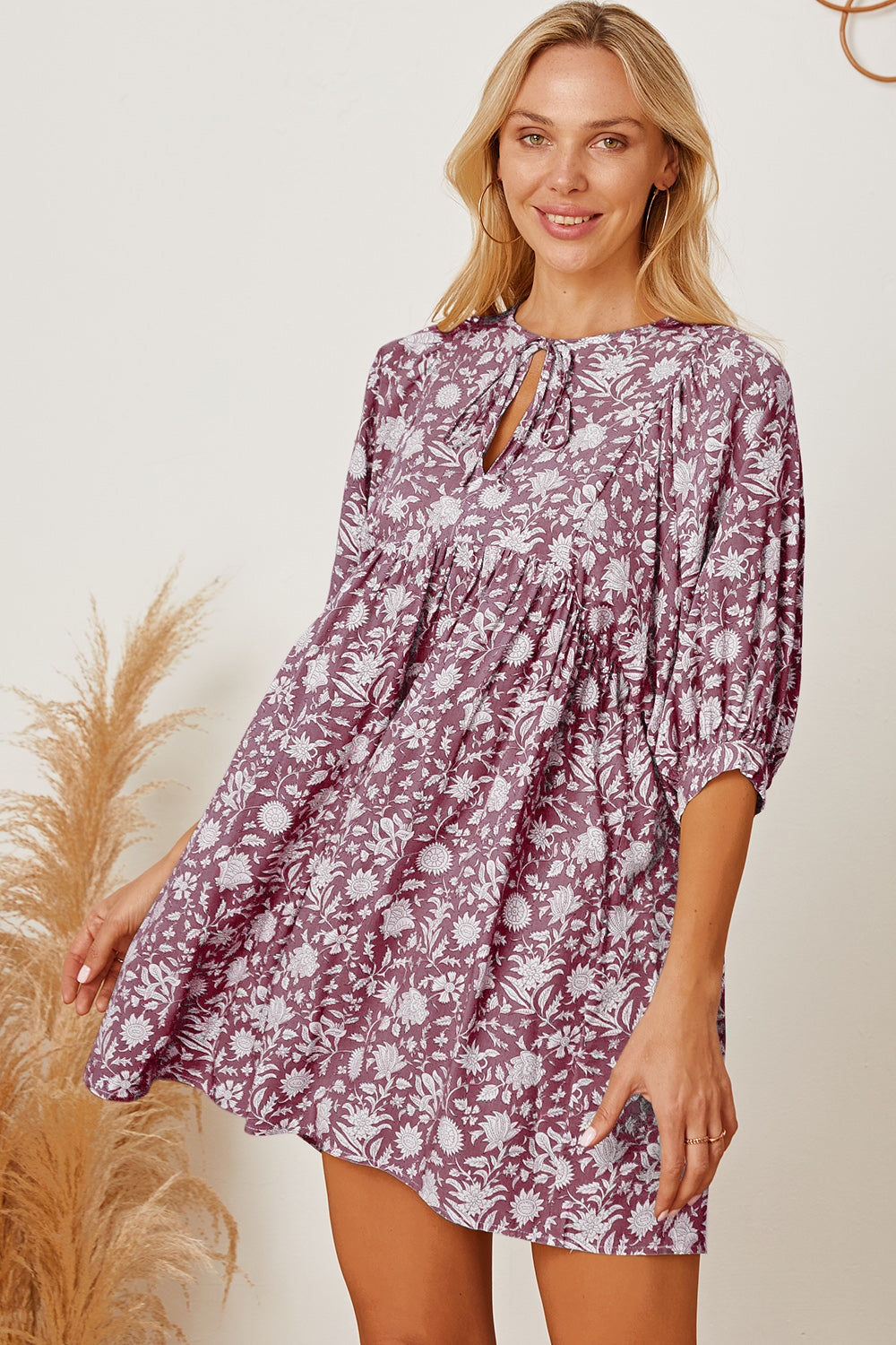 Floral Tie Neck Ruched Babydoll Dress-Angel Casuals