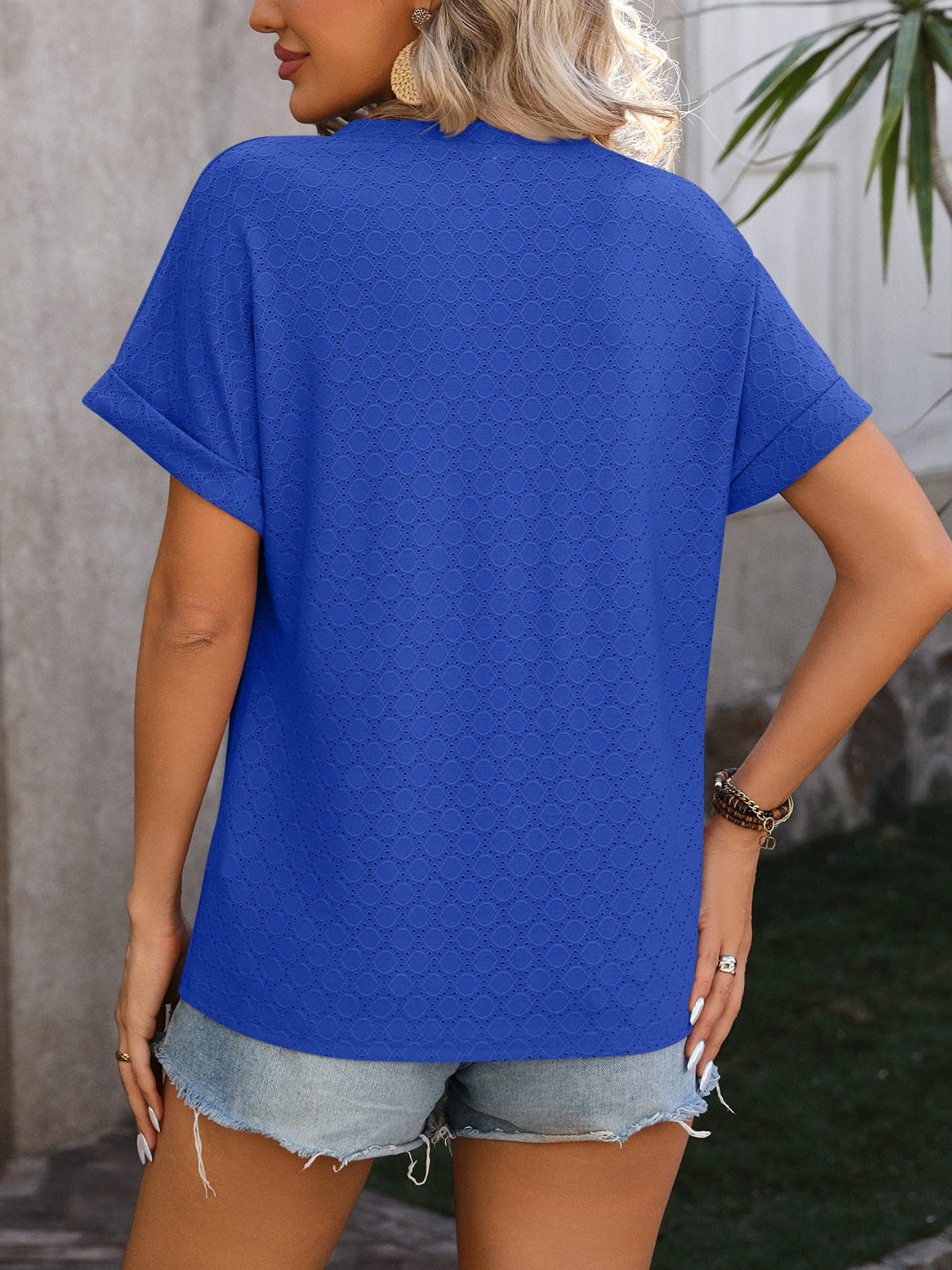 Eyelet Notched Short Sleeve T-Shirt-Angel Casuals
