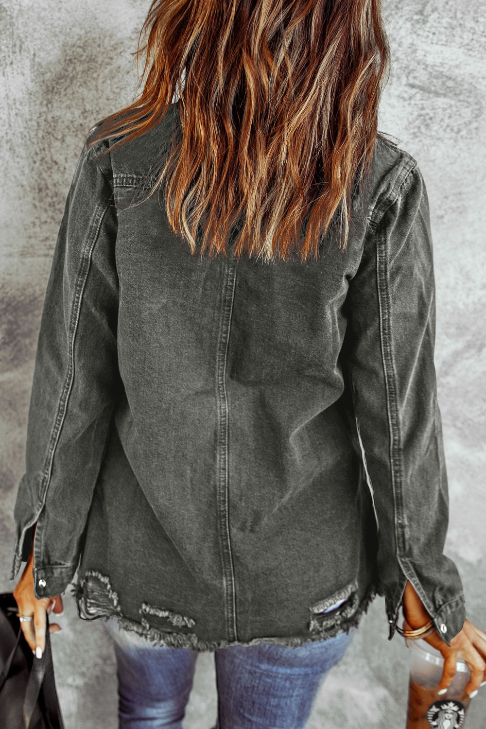 Distressed Raw Hem Snap Down Denim Jacket-Angel Casuals