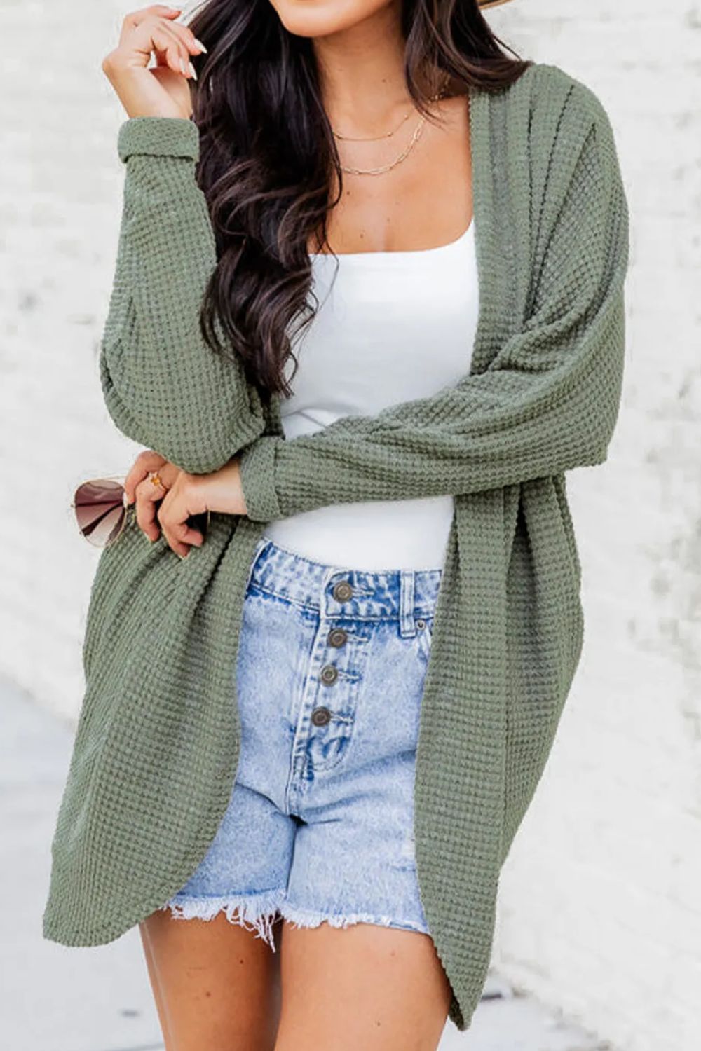 Waffle-Knit Open Front Long Sleeve Cover Up-Angel Casuals