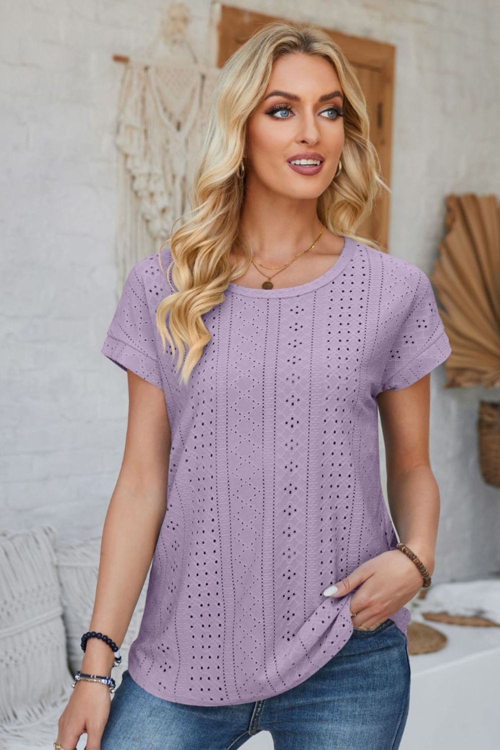 Eyelet Round Neck Rolled Short Sleeve T-Shirt-Angel Casuals