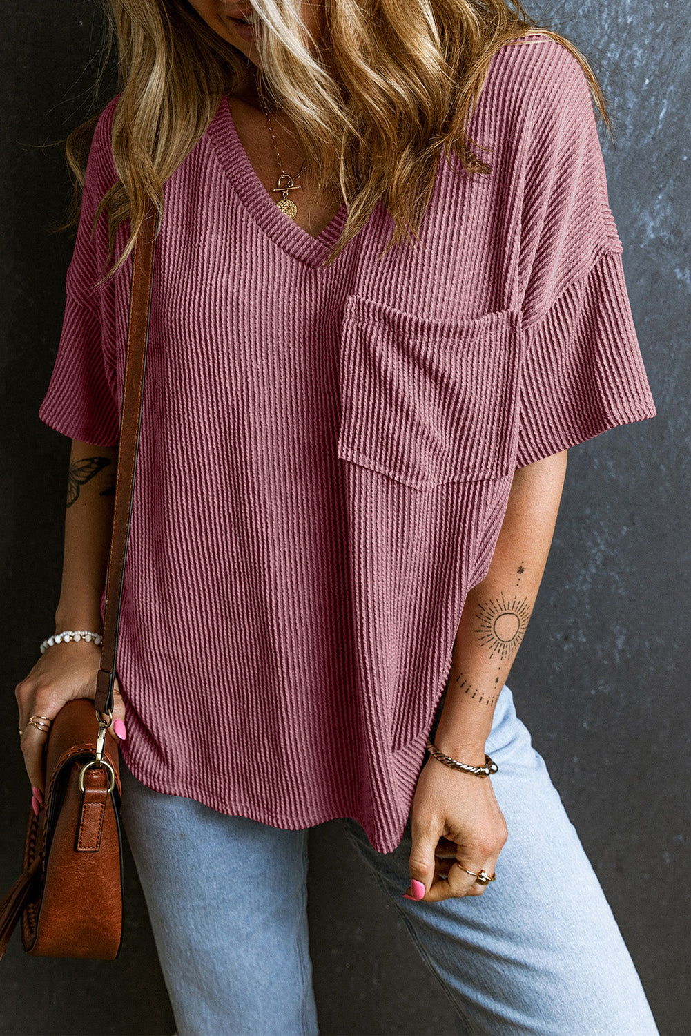 Textured V-Neck Dropped Shoulder T-Shirt-Angel Casuals