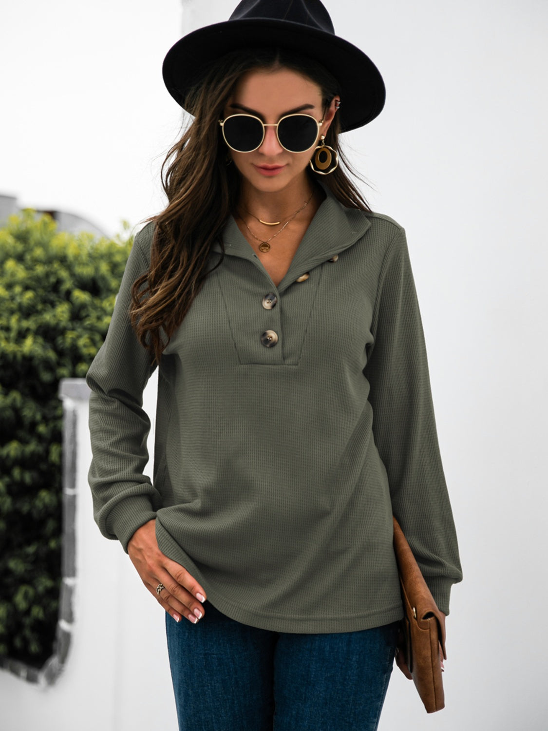 Half Button Long Sleeve T-Shirt-Angel Casuals