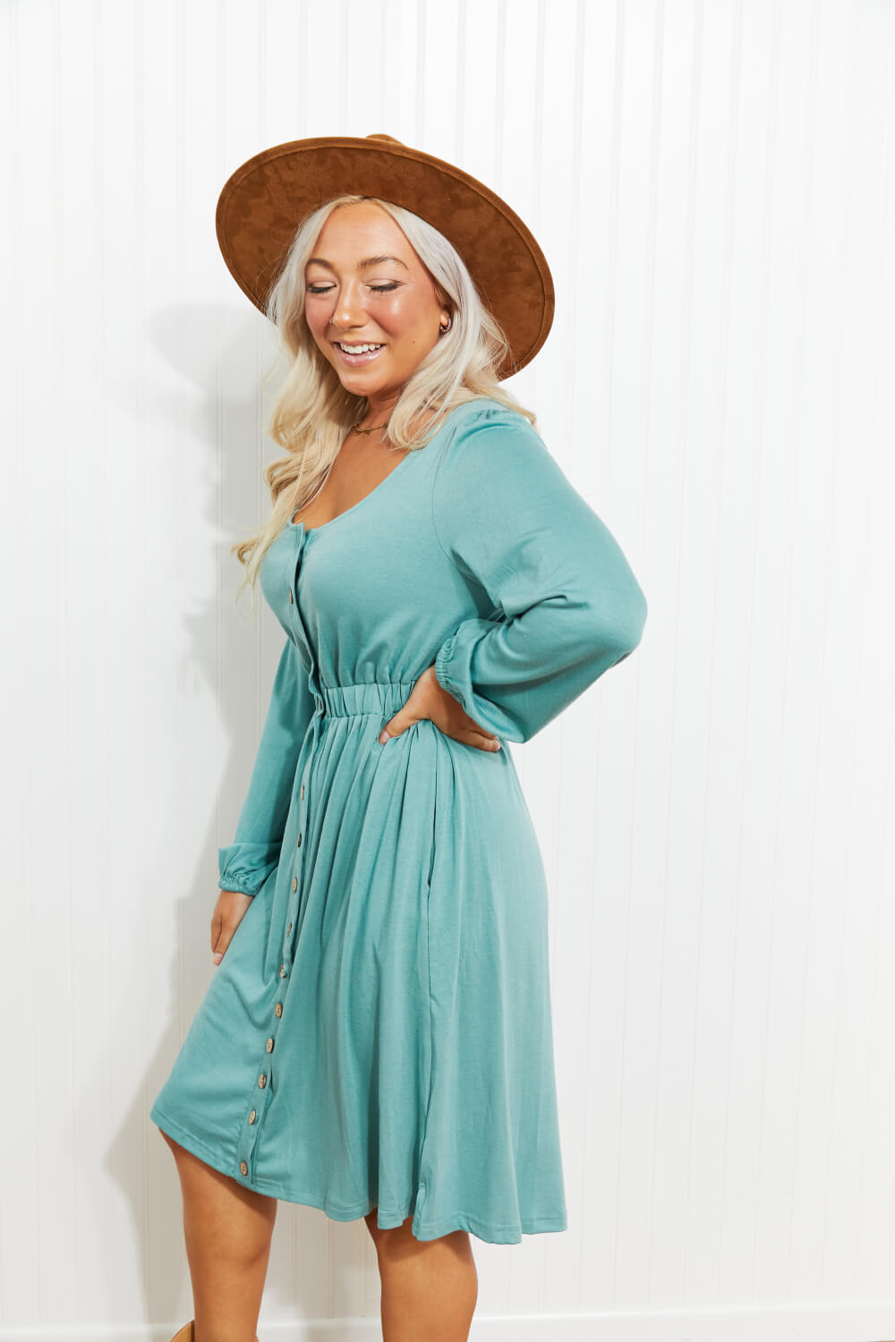Scoop Neck Empire Waist Long Sleeve Mini Dress-Angel Casuals
