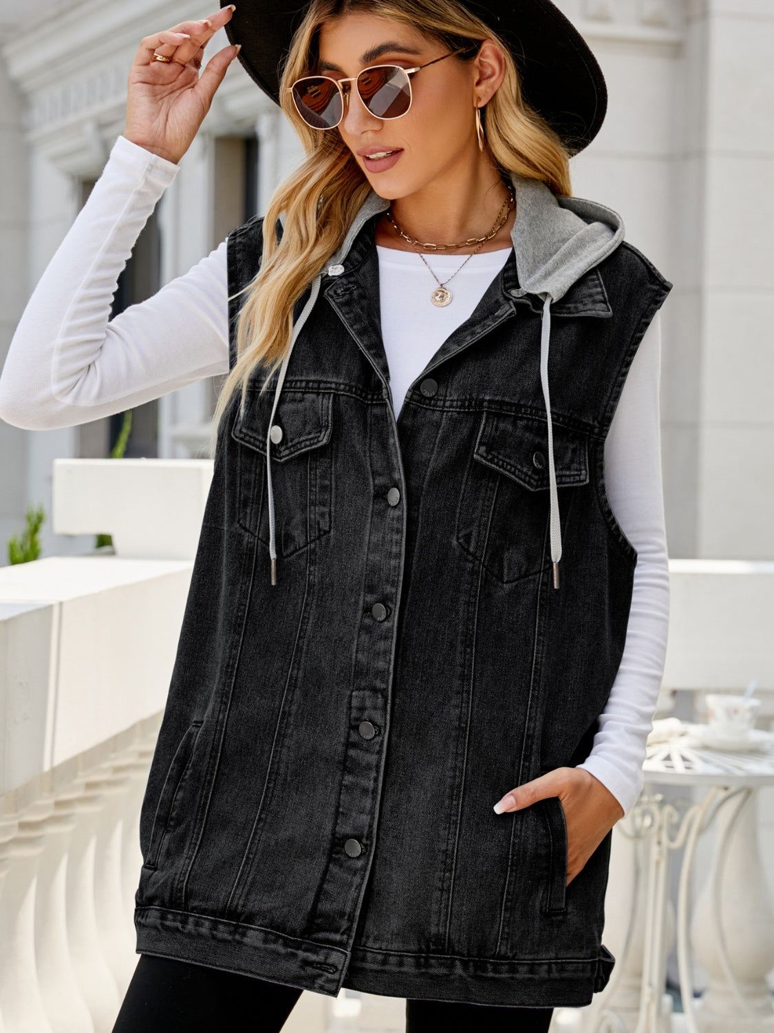 Drawstring Pocketed Button Up Sleeveless Denim Jacket-Angel Casuals