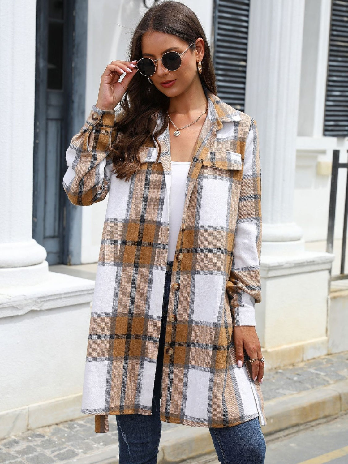 Plaid Belted Collared Neck Button Up Jacket-Angel Casuals