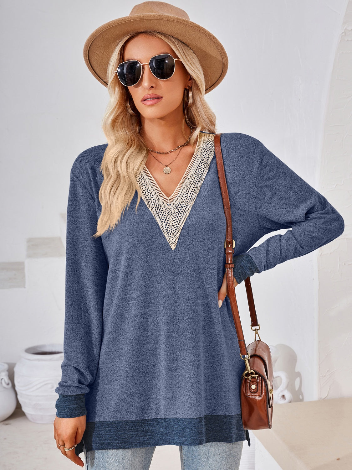 Crochet Contrast V-Neck Long Sleeve Slit T-Shirt-Angel Casuals
