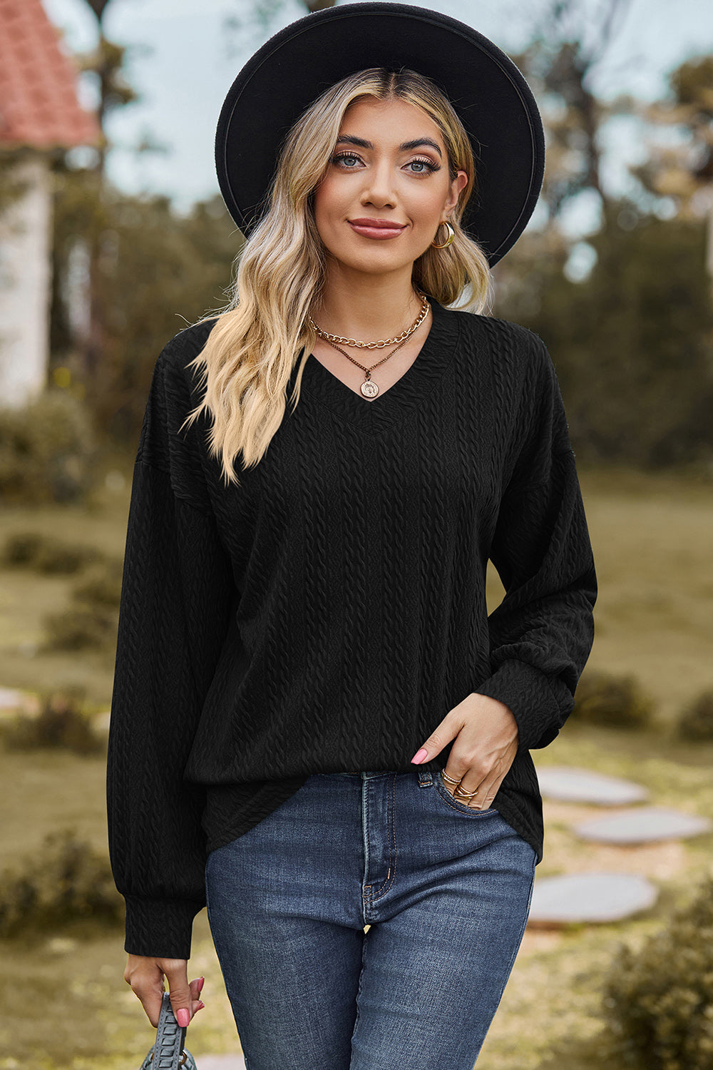 Textured V-Neck Dropped Shoulder T-Shirt-Angel Casuals