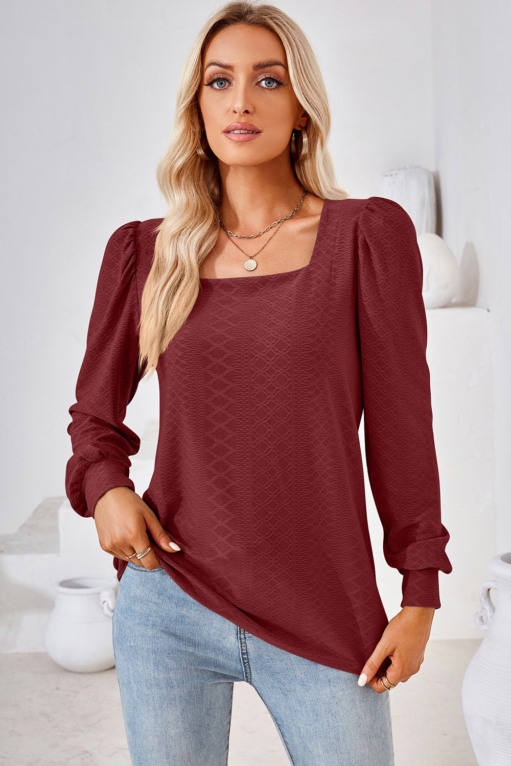 Square Neck Puff Sleeve T-Shirt-Angel Casuals