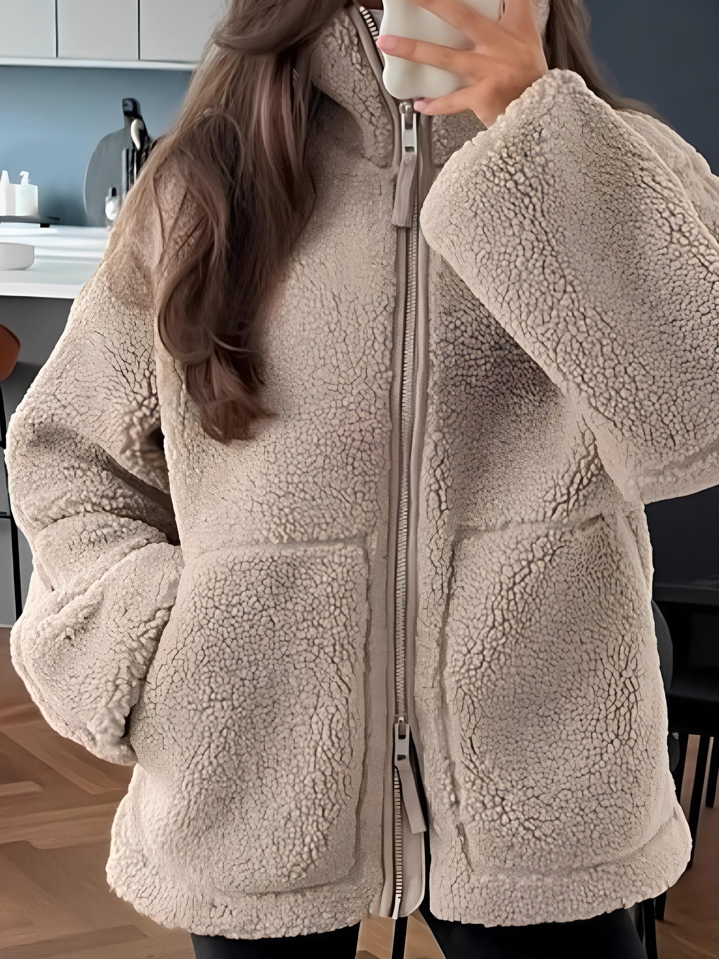 Zip Up Turtleneck Long Sleeve Plush Jacket-Angel Casuals