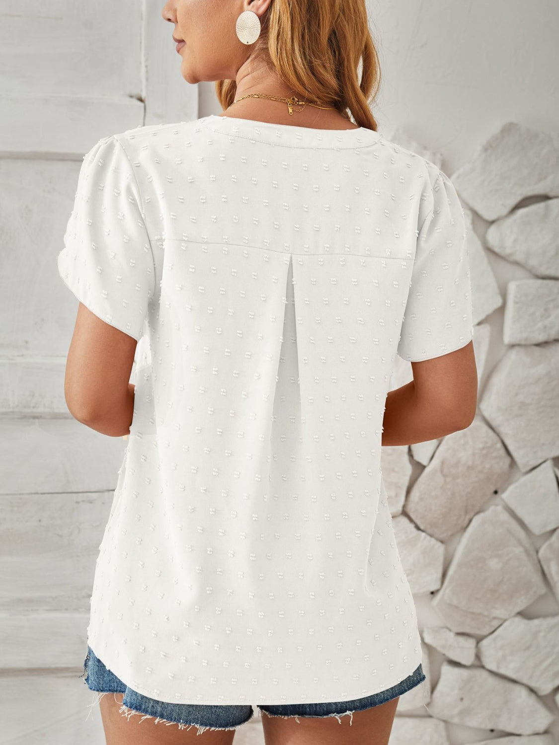 Swiss Dot Notched Petal Sleeve T-Shirt-Angel Casuals