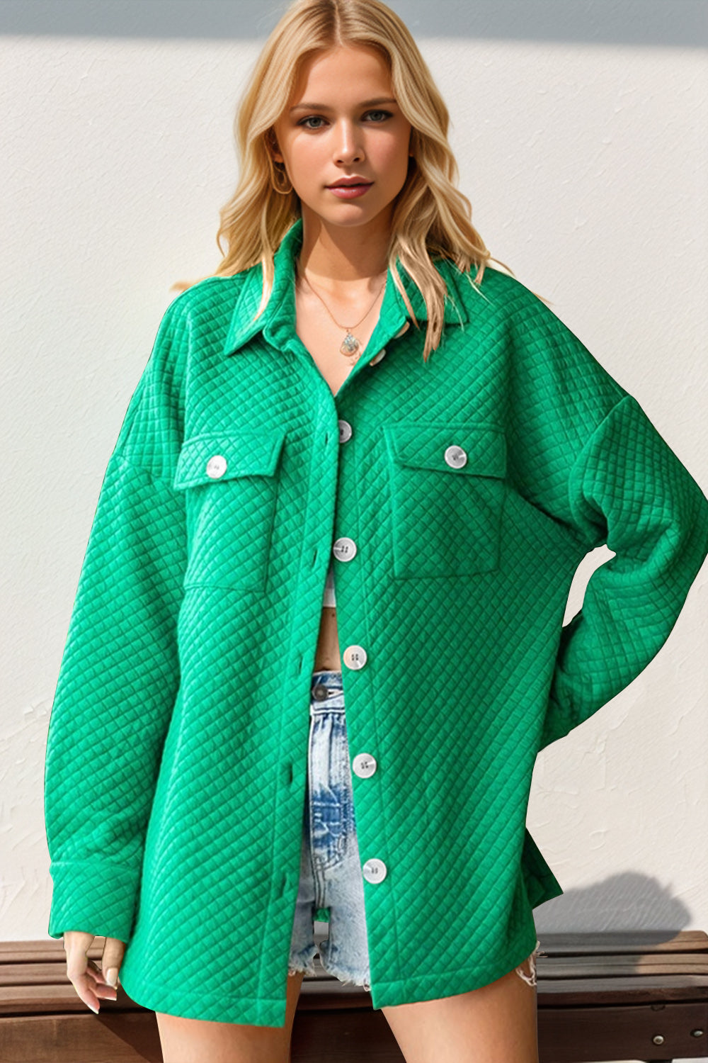 Double Take Full Size Textured Button Up Drop Shoulder Shacket-Angel Casuals