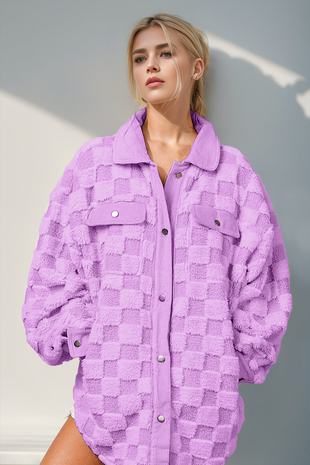 Double Take Button Up Fuzzy Checkered Shacket-Angel Casuals