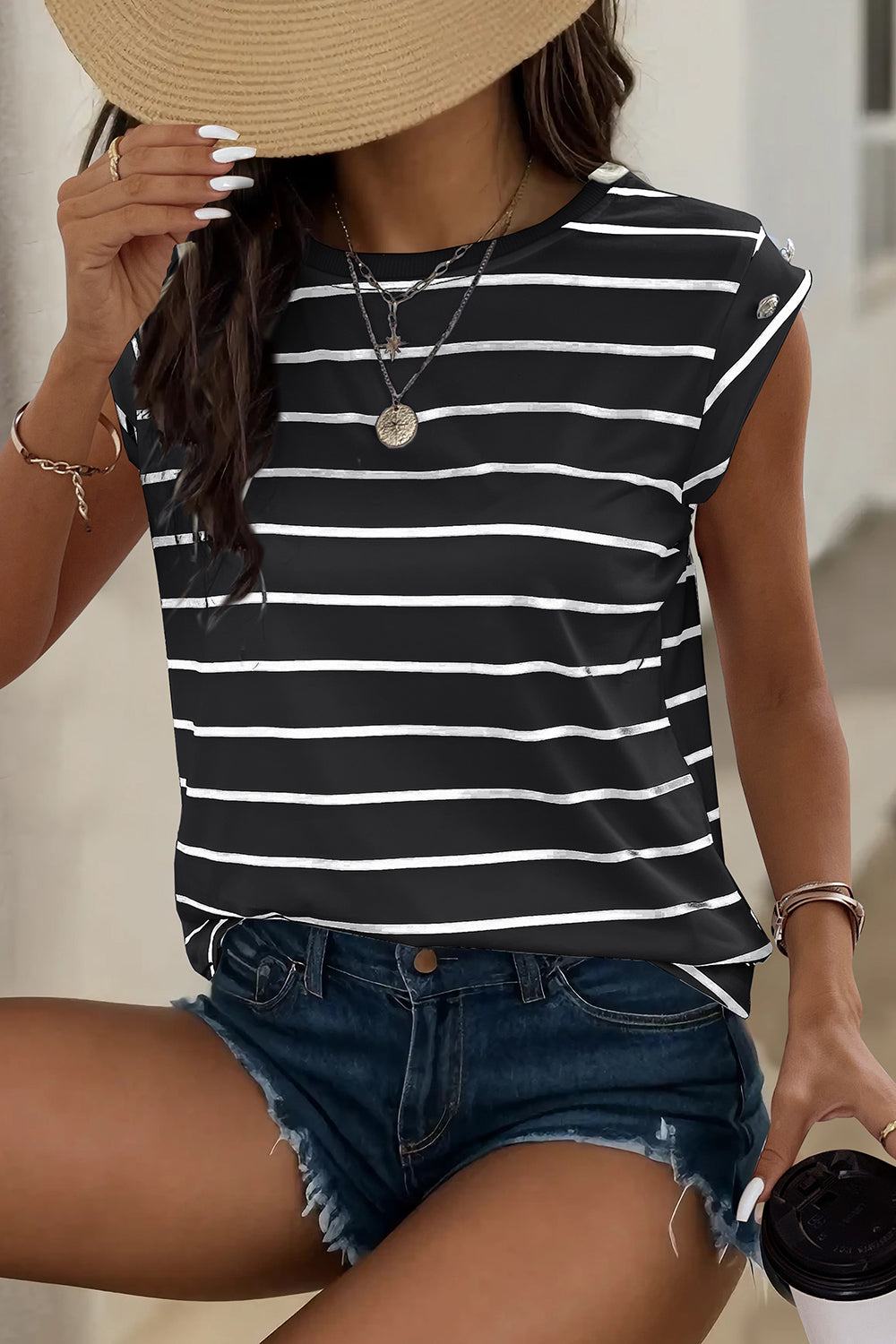 Decorative Button Round Neck T-Shirt-Angel Casuals