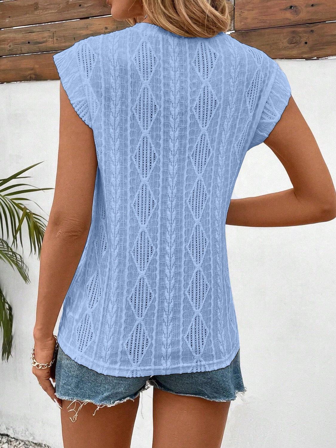 Openwork Round Neck Cap Sleeve Top-Angel Casuals