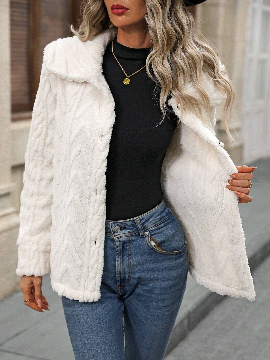 Fuzzy Texture Button Up Collared Neck Coat-Angel Casuals