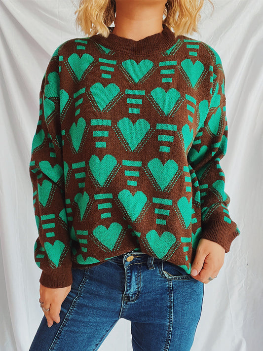 Heart Contrast Long Sleeve Dropped Shoulder Sweater-Angel Casuals