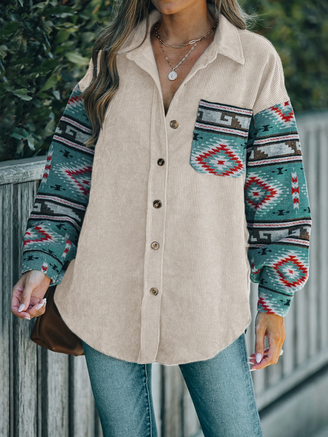 Perfee Pocketed Geometric Collared Neck Shacket-Angel Casuals