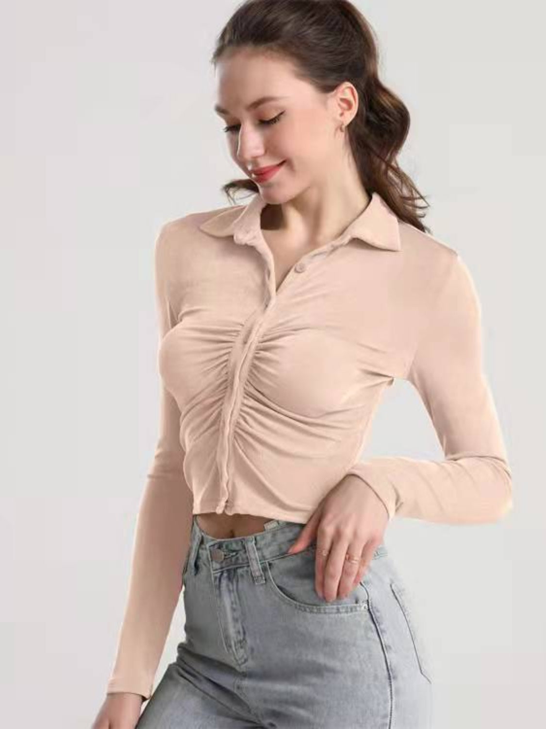 Ruched Button Up Long Sleeve T-Shirt-Angel Casuals