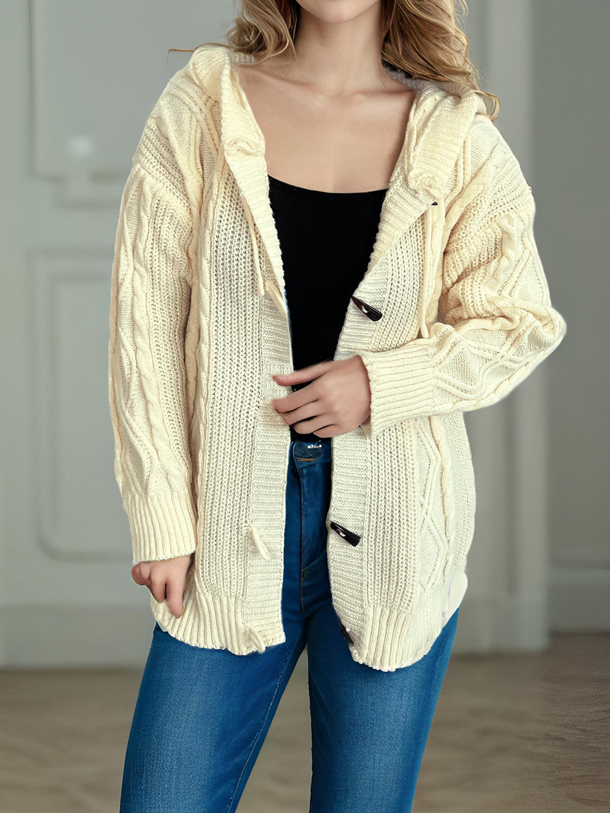 Cable-Knit Long Sleeve Hooded Cardigan-Angel Casuals