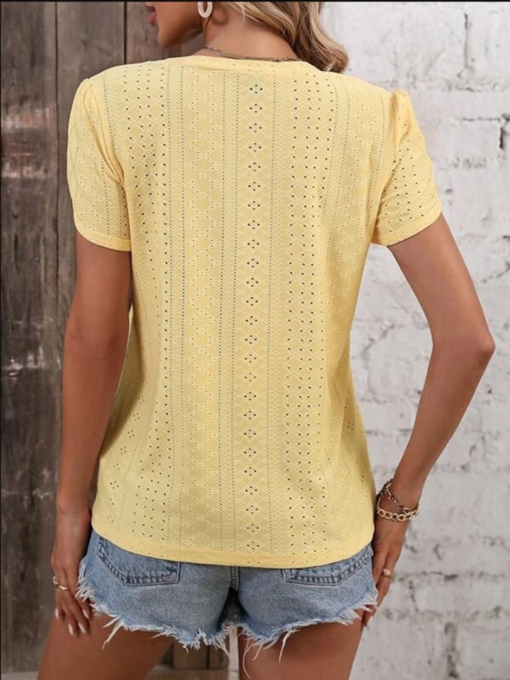 Eyelet V-Neck Petal Sleeve T-Shirt-Angel Casuals