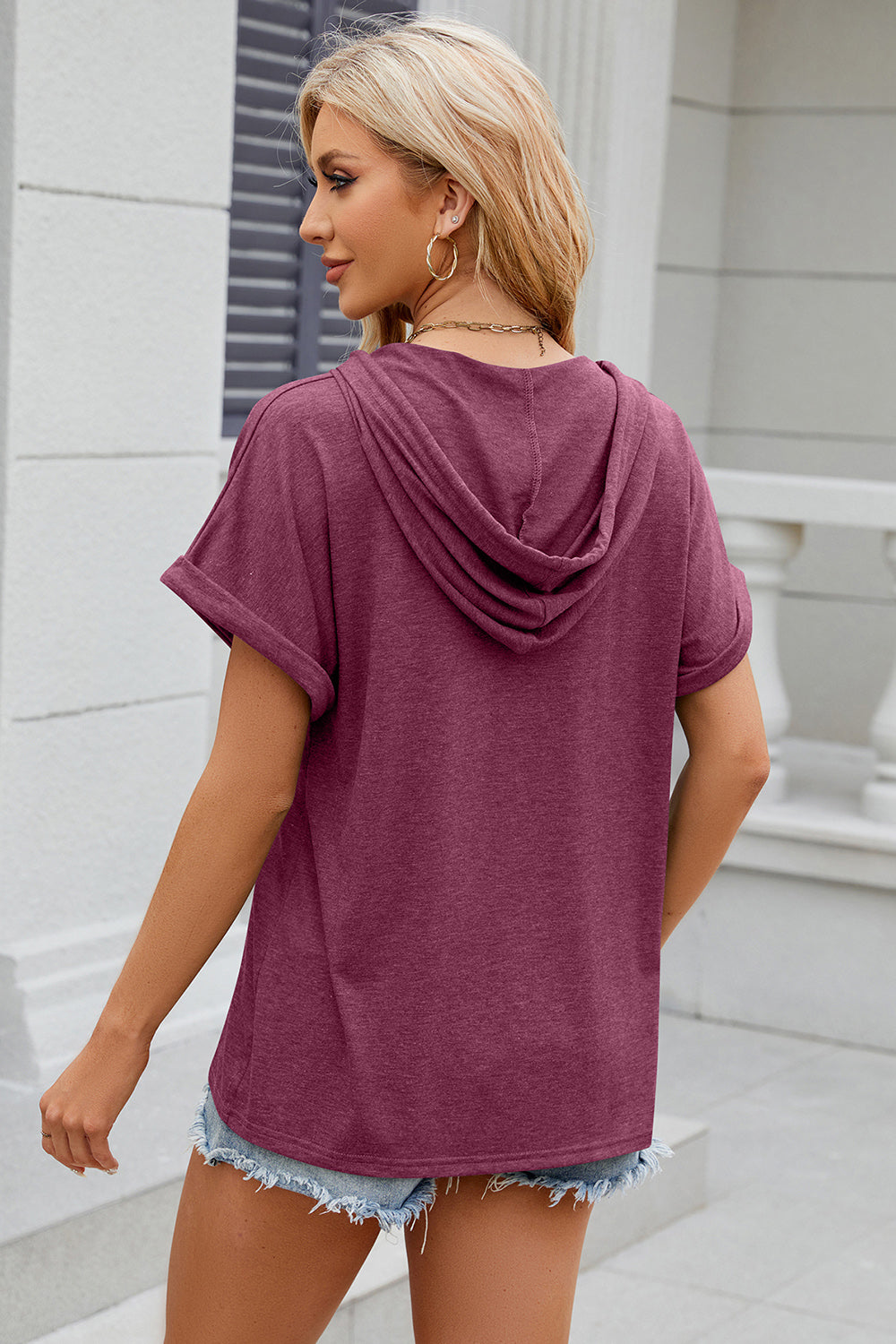 Half Button Drawstring Short Sleeve Hooded T-Shirt-Angel Casuals