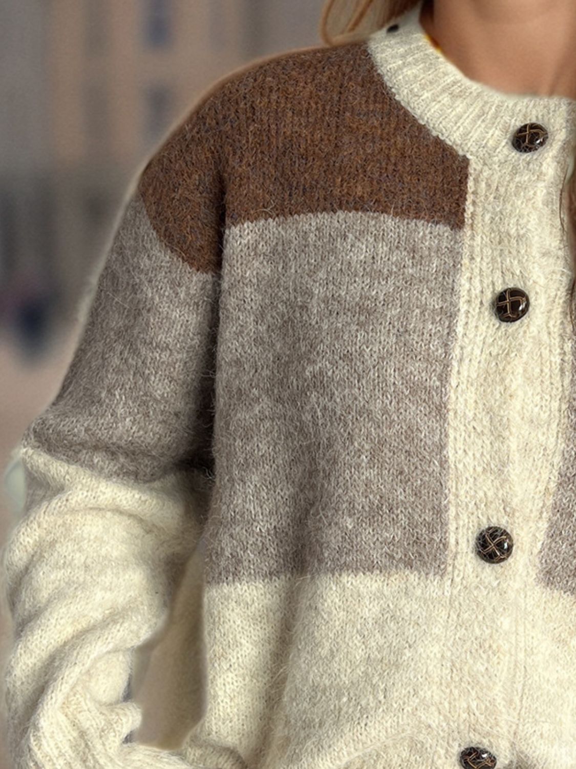 Color Block Round Neck Button Up Cardigan-Angel Casuals