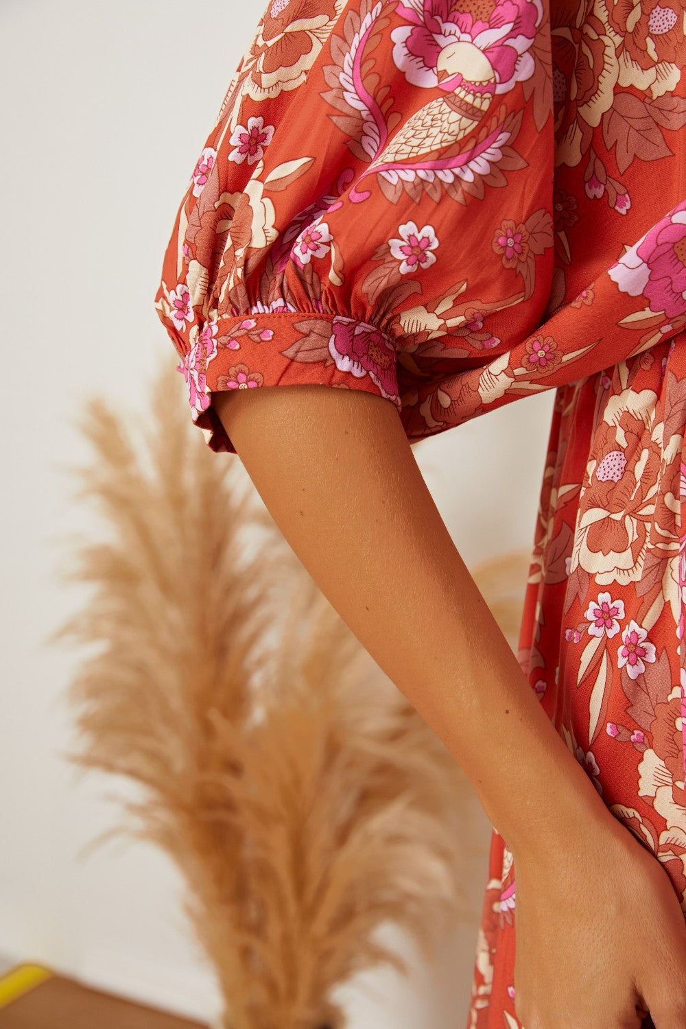 Floral Tie Neck Half Sleeve Dress-Angel Casuals