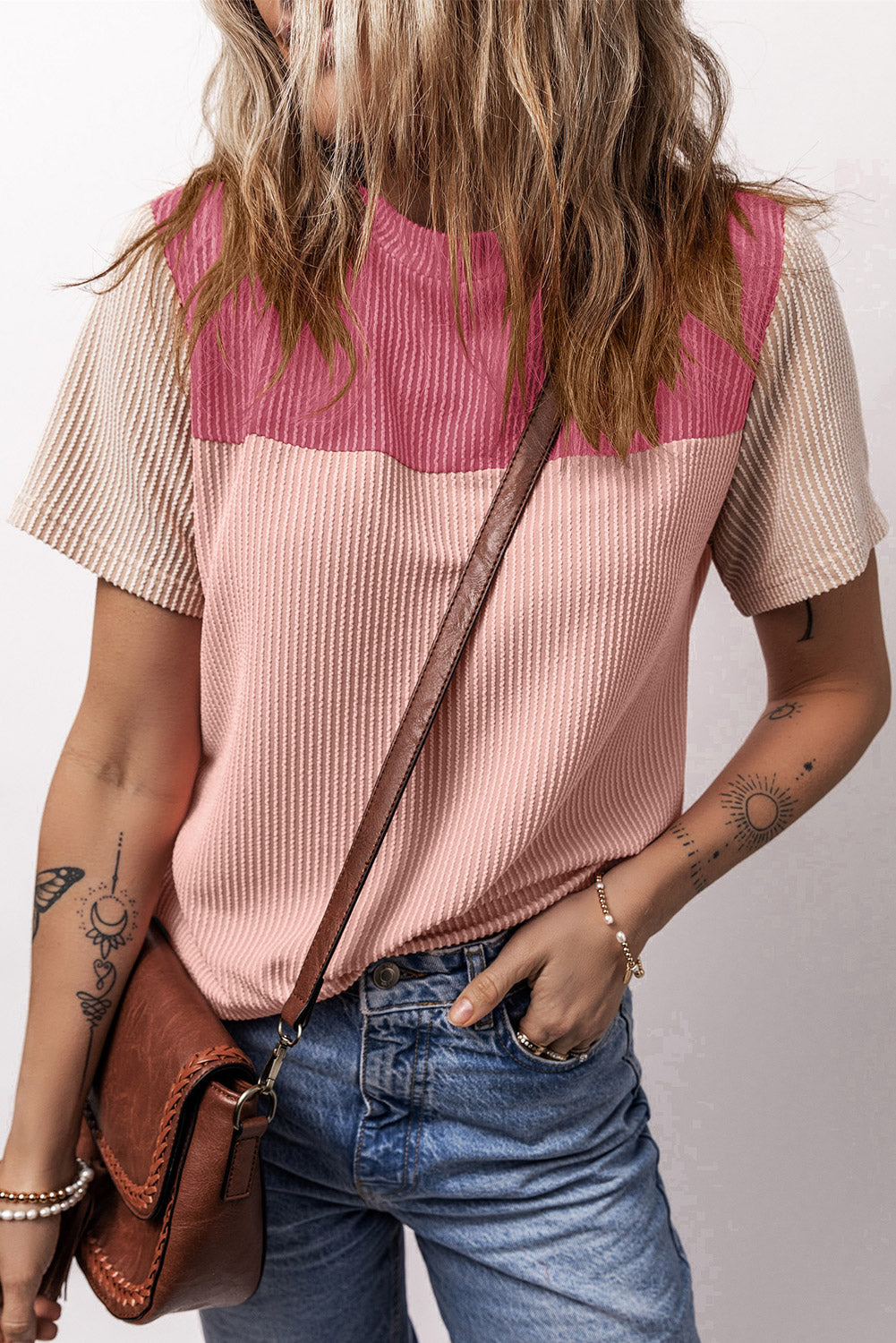 Color Block Round Neck Short Sleeve T-Shirt-Angel Casuals