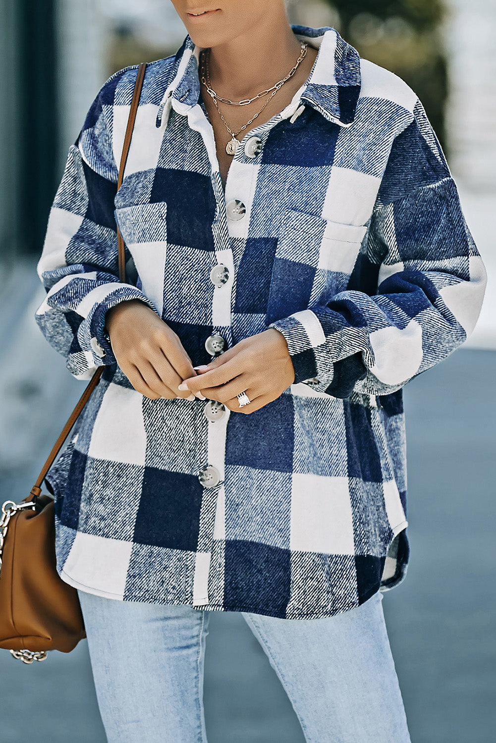 Plaid Button Up Dropped Shoulder Jacket-Angel Casuals
