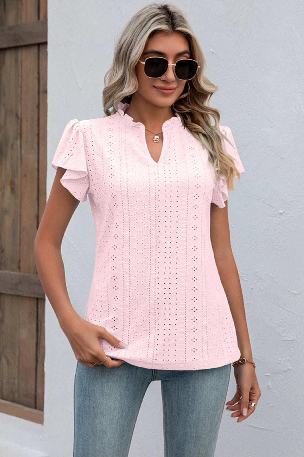 Eyelet Notched Flutter Sleeve T-Shirt-Angel Casuals