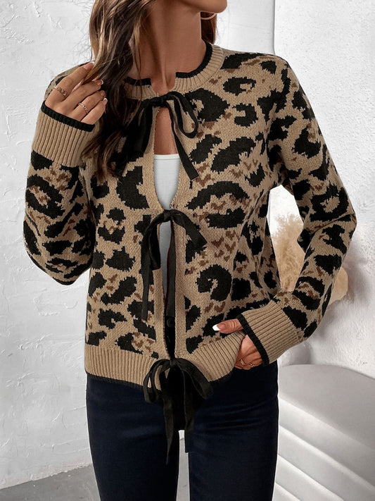 Perfee Tied Leopard Long Sleeve Cardigan-Angel Casuals