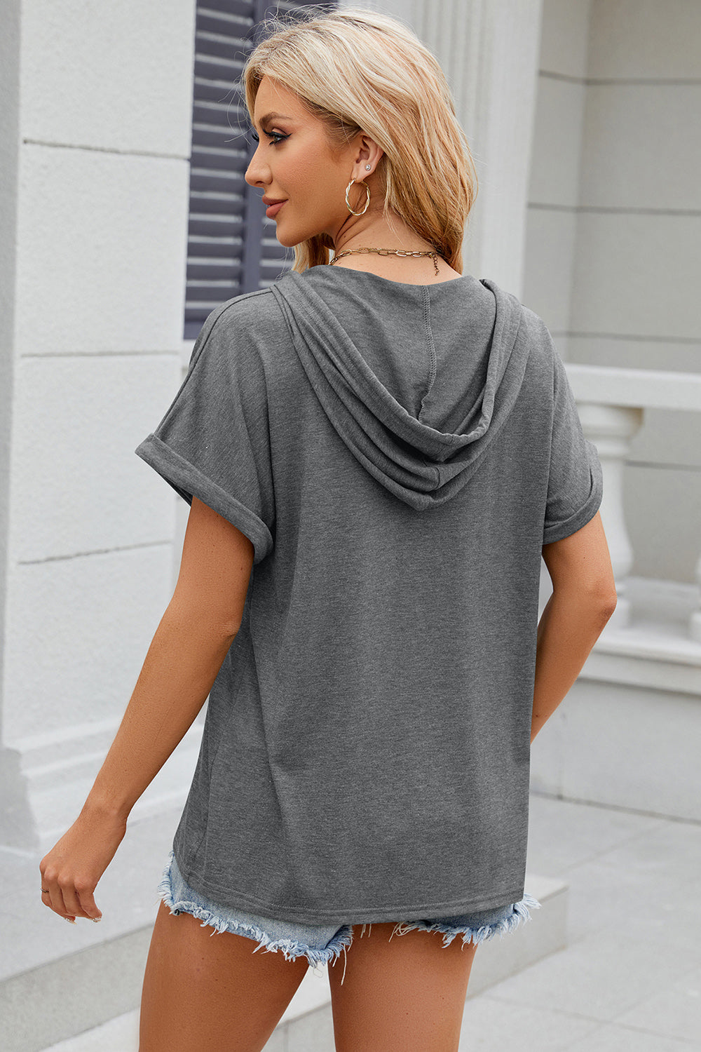 Half Button Drawstring Short Sleeve Hooded T-Shirt-Angel Casuals