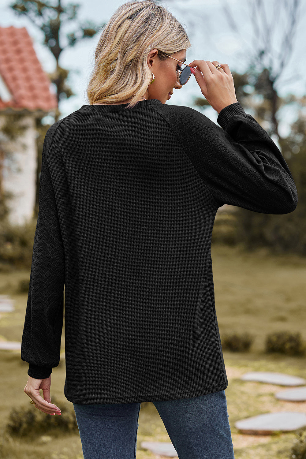 Eyelet Round Neck Long Sleeve T-Shirt-Angel Casuals