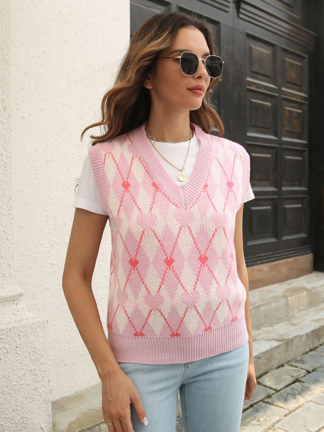 Geometric V-Neck Sweater Vest-Angel Casuals