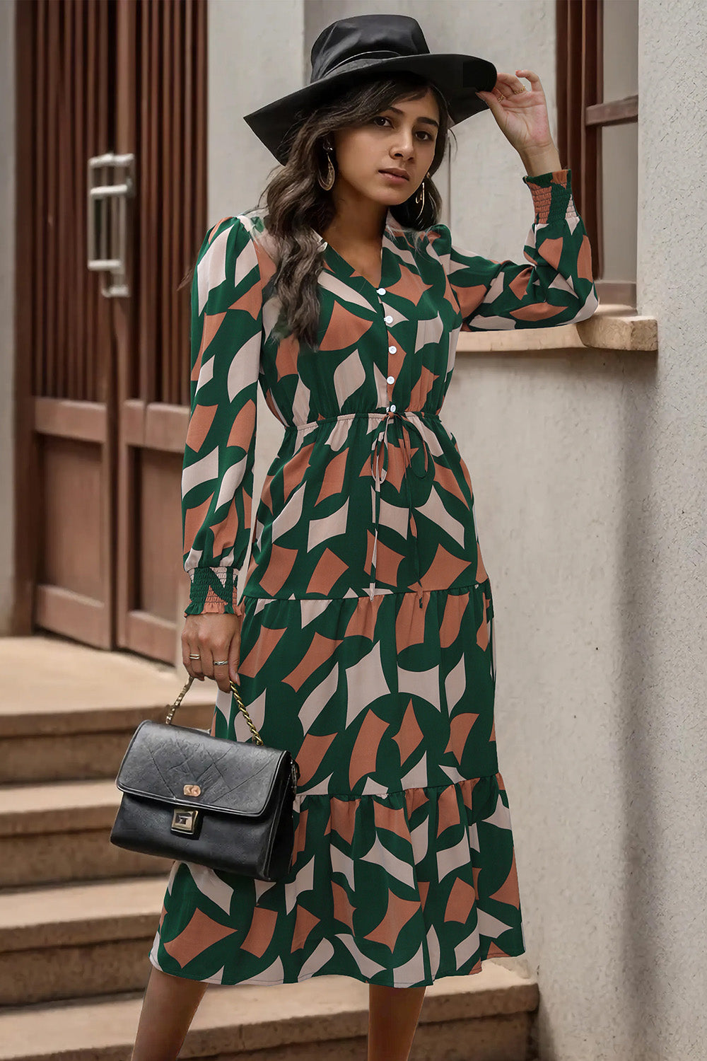 Printed Tied Pocketed Lantern Sleeve Dress-Angel Casuals