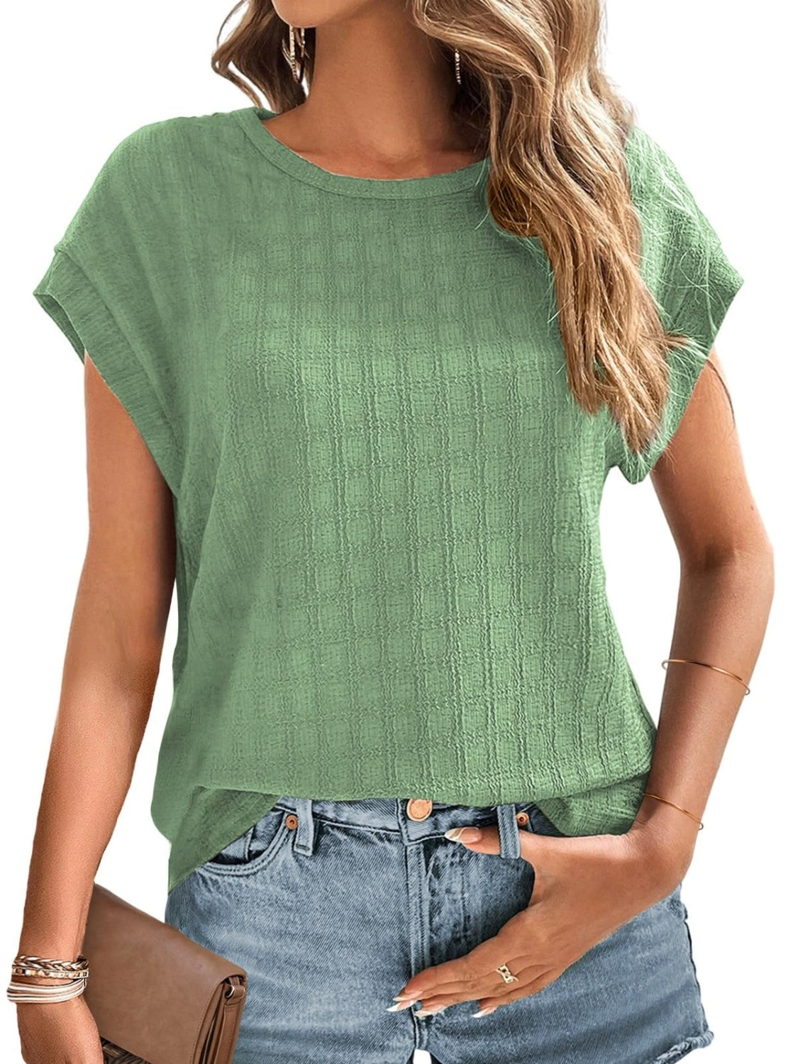 Textured Round Neck Short Sleeve Top-Angel Casuals