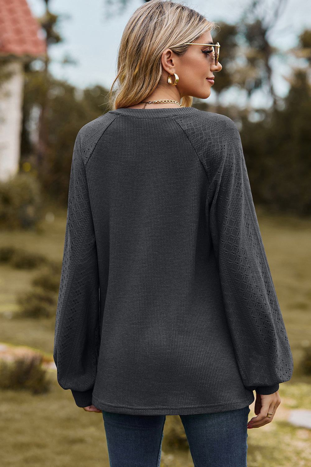 Eyelet Notched Raglan Sleeve T-Shirt-Angel Casuals