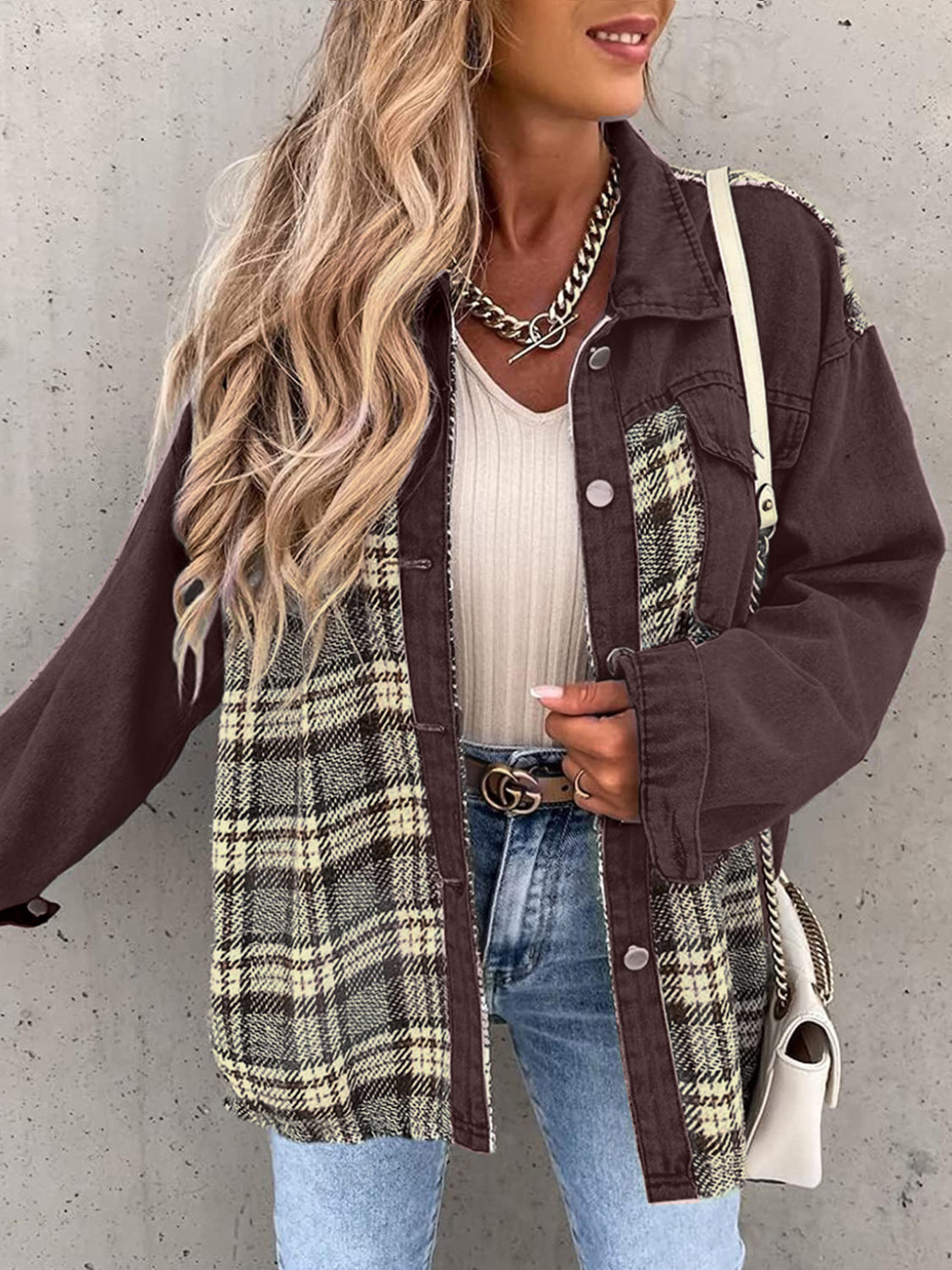Plaid Button Up Dropped Shoulder Jacket-Angel Casuals