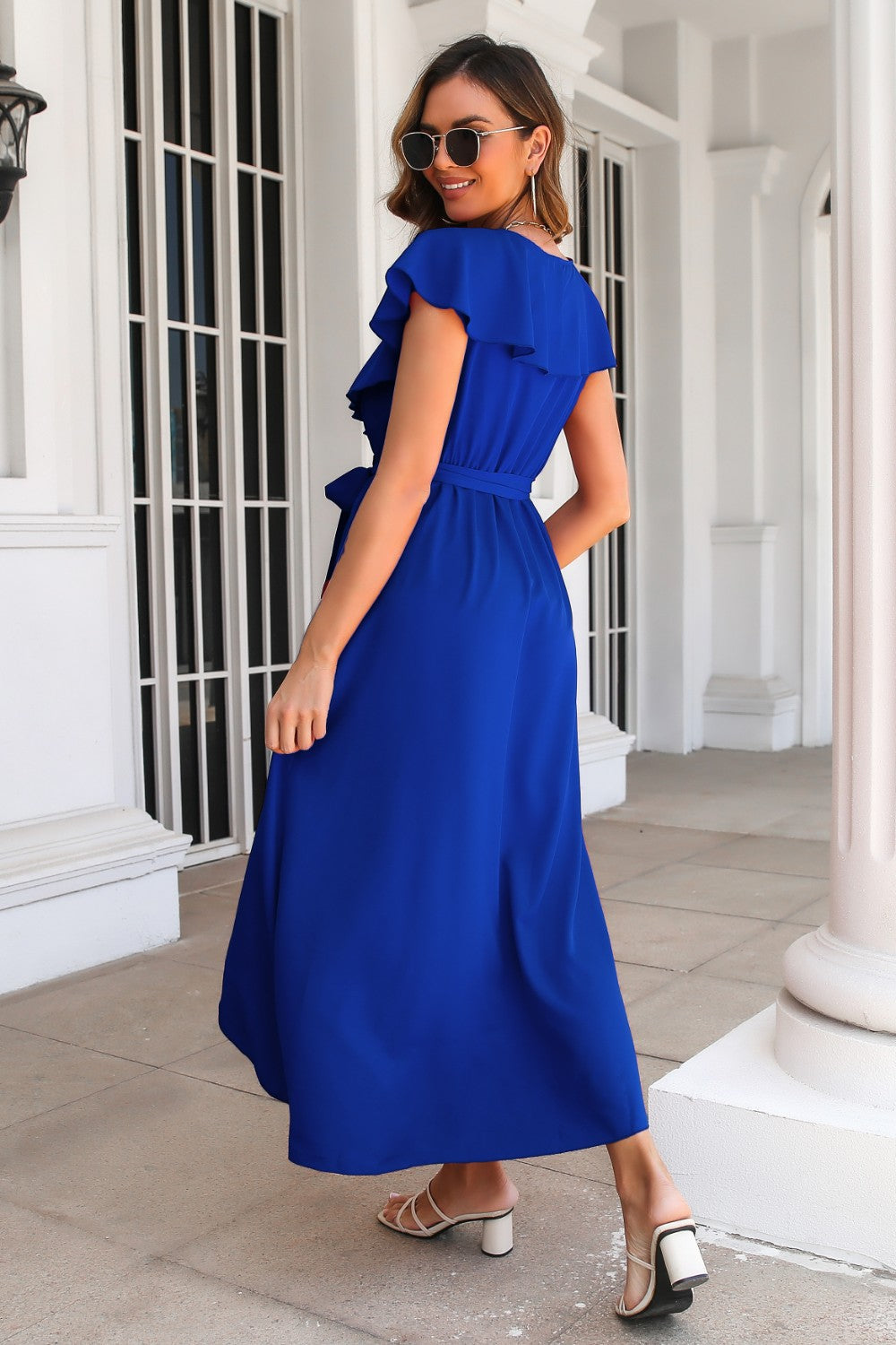 Ruffled Surplice Tie Waist Slit Midi Dress-Angel Casuals