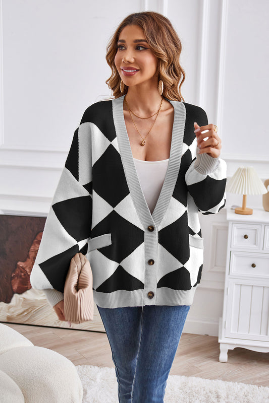 Geometric Lantern Sleeve Cardigan with Pockets-Angel Casuals