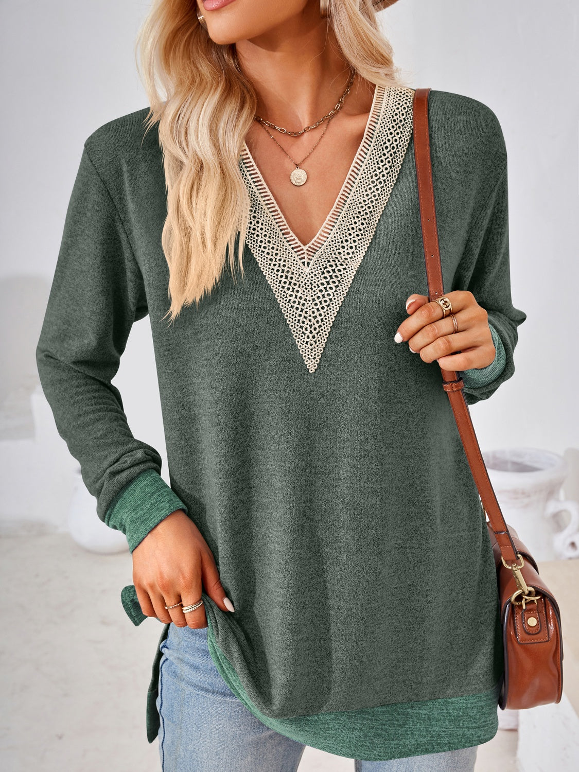 Crochet Contrast V-Neck Long Sleeve Slit T-Shirt-Angel Casuals