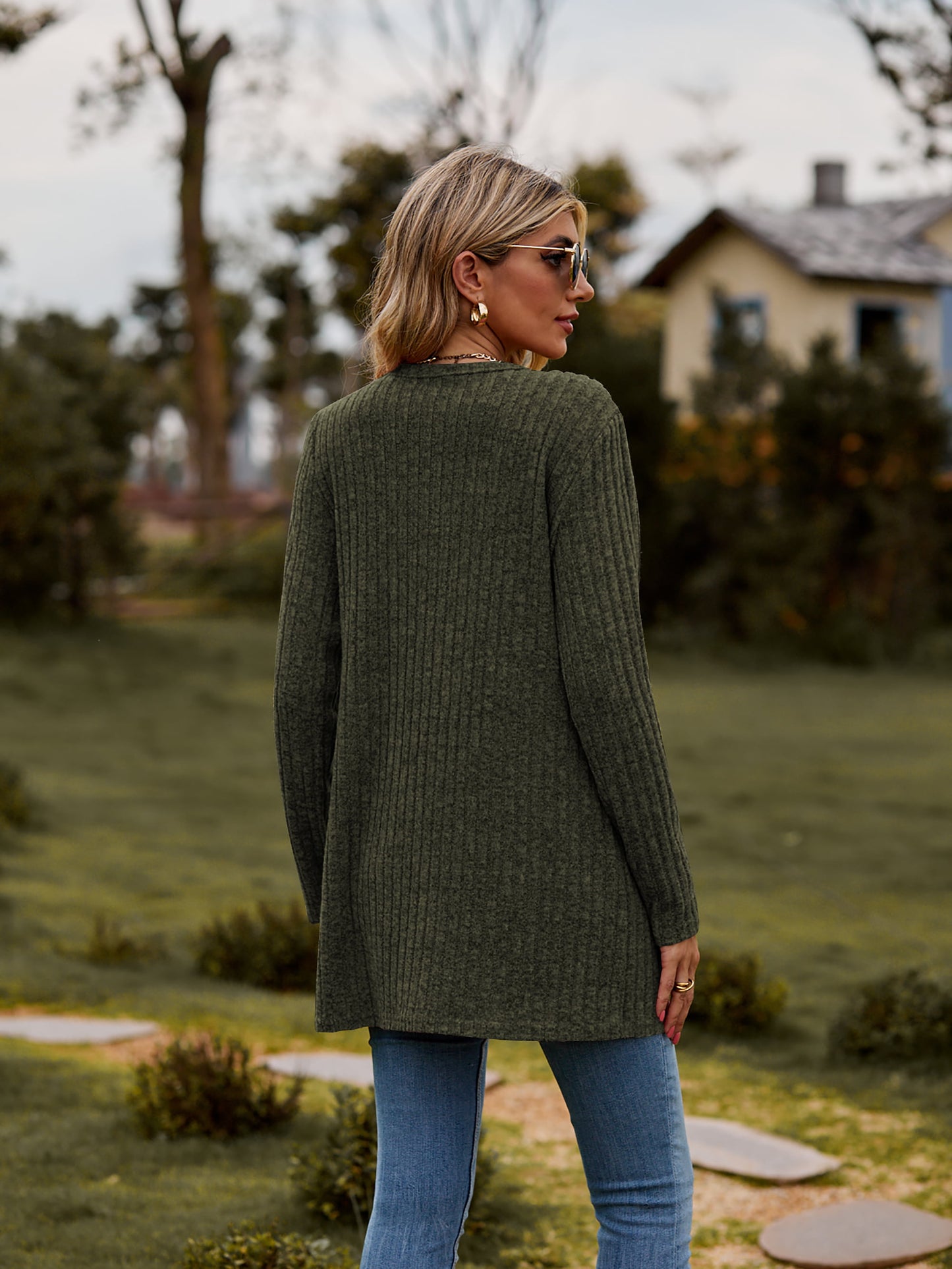 Ribbed Button-Up Cardigan with Pockets-Angel Casuals