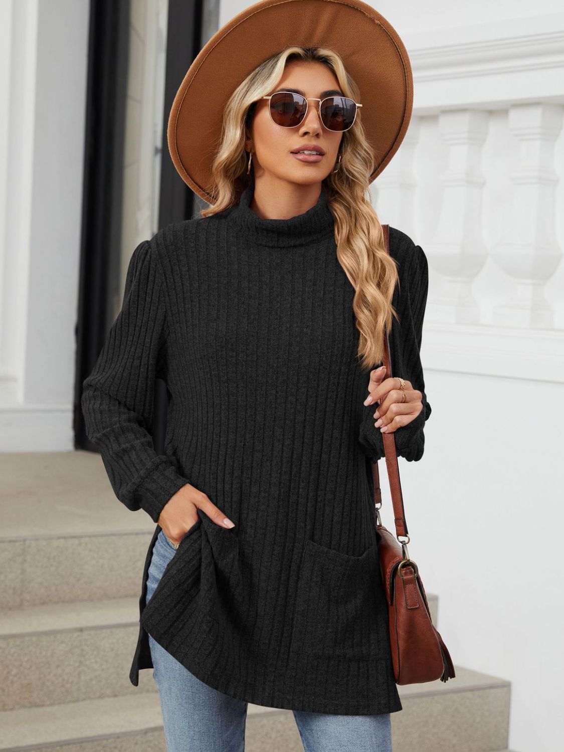 Slit Mock Neck Long Sleeve T-Shirt-Angel Casuals
