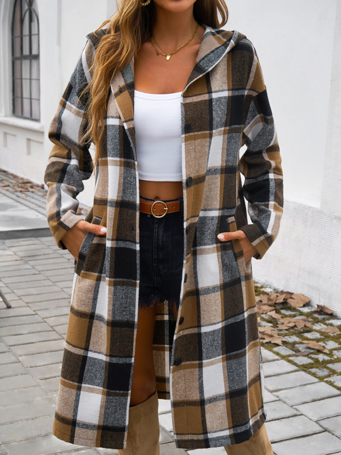 Devine Plaid Long Sleeve Hooded Coat-Angel Casuals