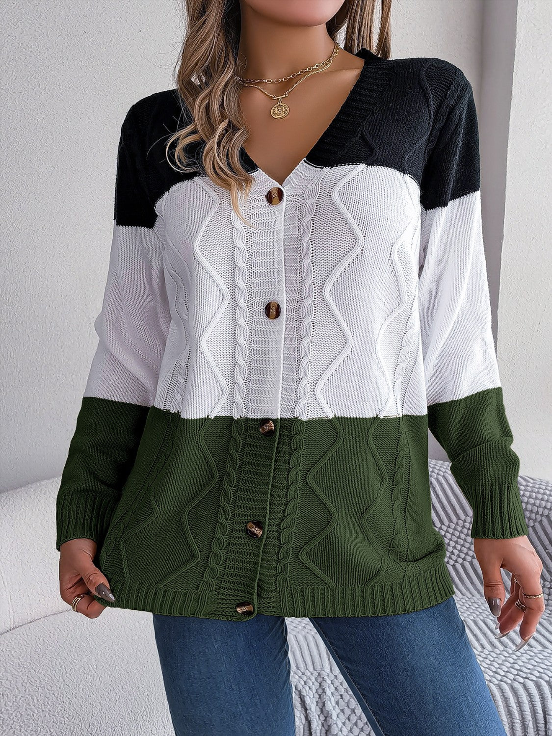Cable-Knit Striped Button Up Cardigan-Angel Casuals