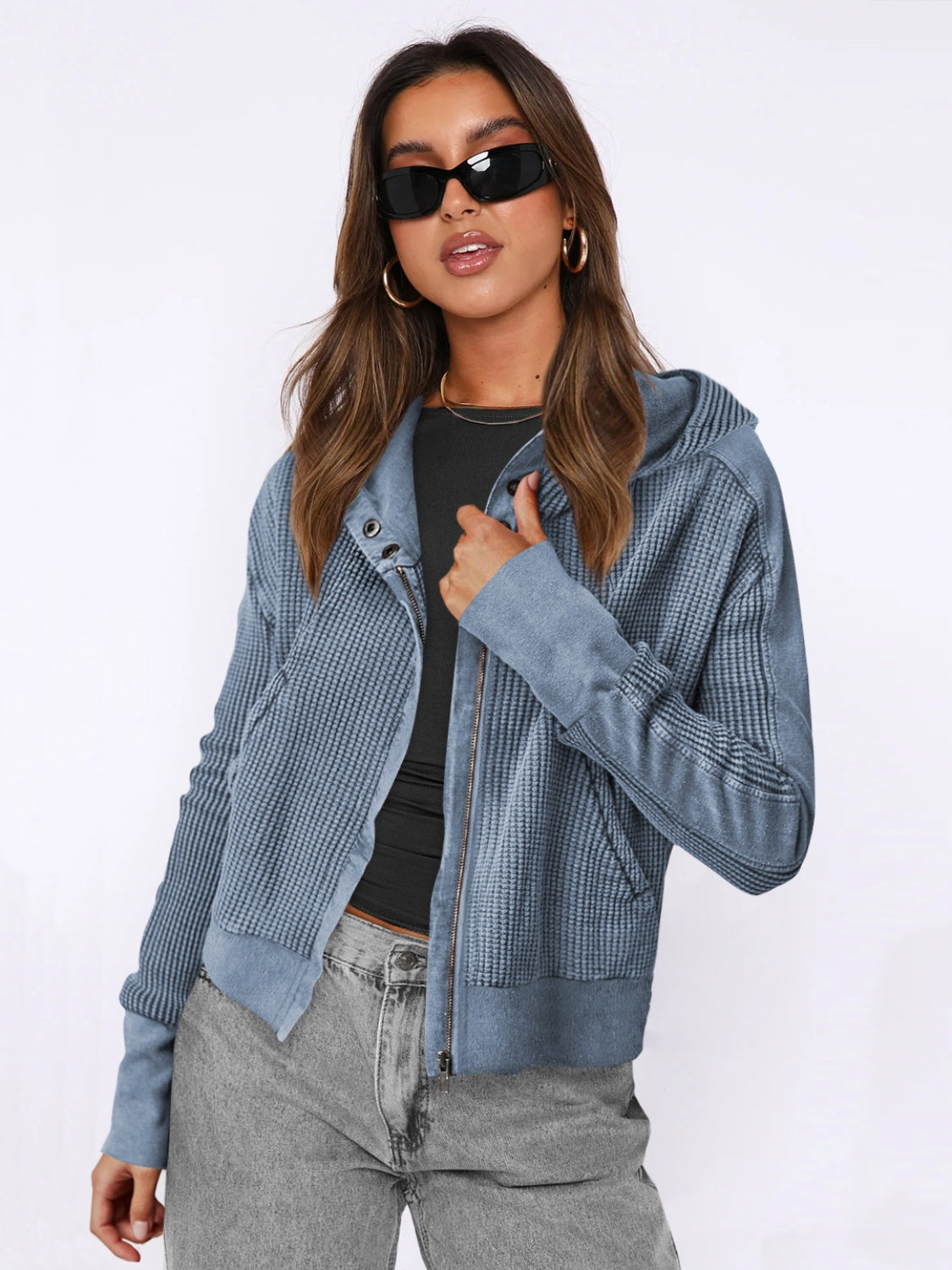 Waffle-Knit Dropped Shoulder Hooded Jacket-Angel Casuals