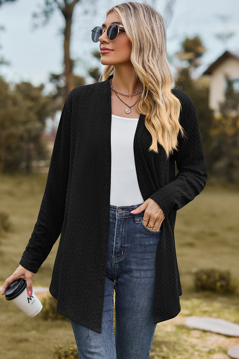 Textured Open Front Long Sleeve Cardigan-Angel Casuals