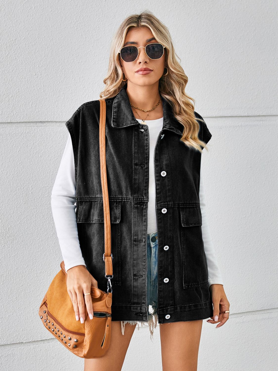 Pocketed Button Up Sleeveless Denim Jacket-Angel Casuals