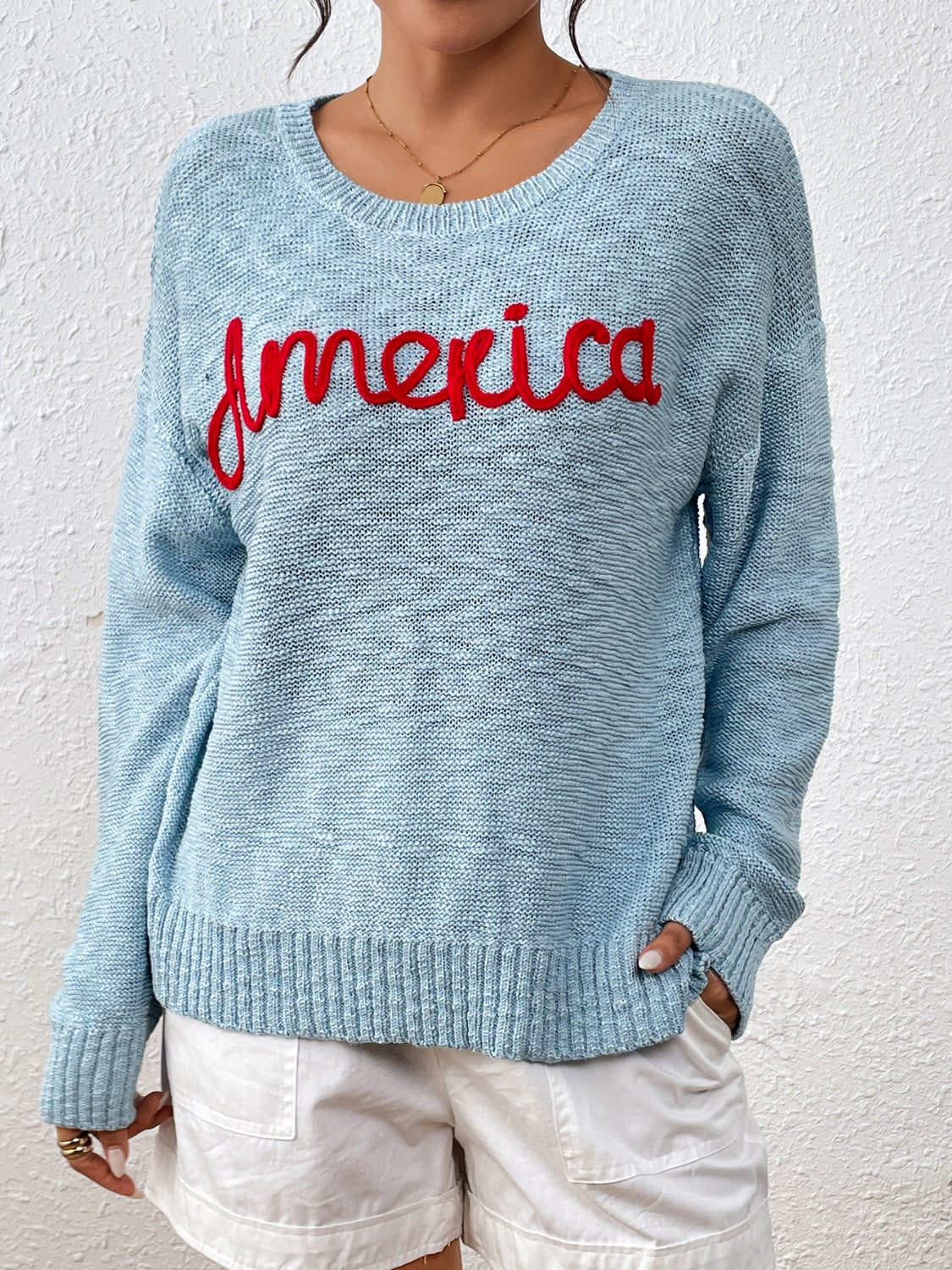 Letter Round Neck Long Sleeve Sweater-Angel Casuals